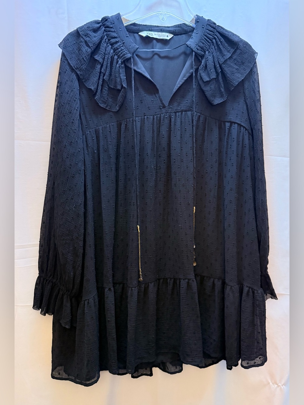 Zara Black Ruffled Collar Textured Babydoll Dress Size Medium